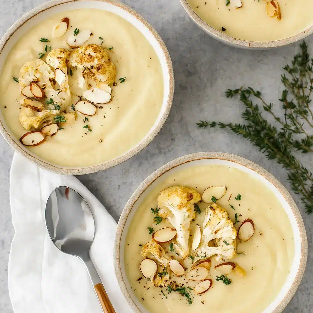 Roasted Cauliflower Soup in bowl with toppings