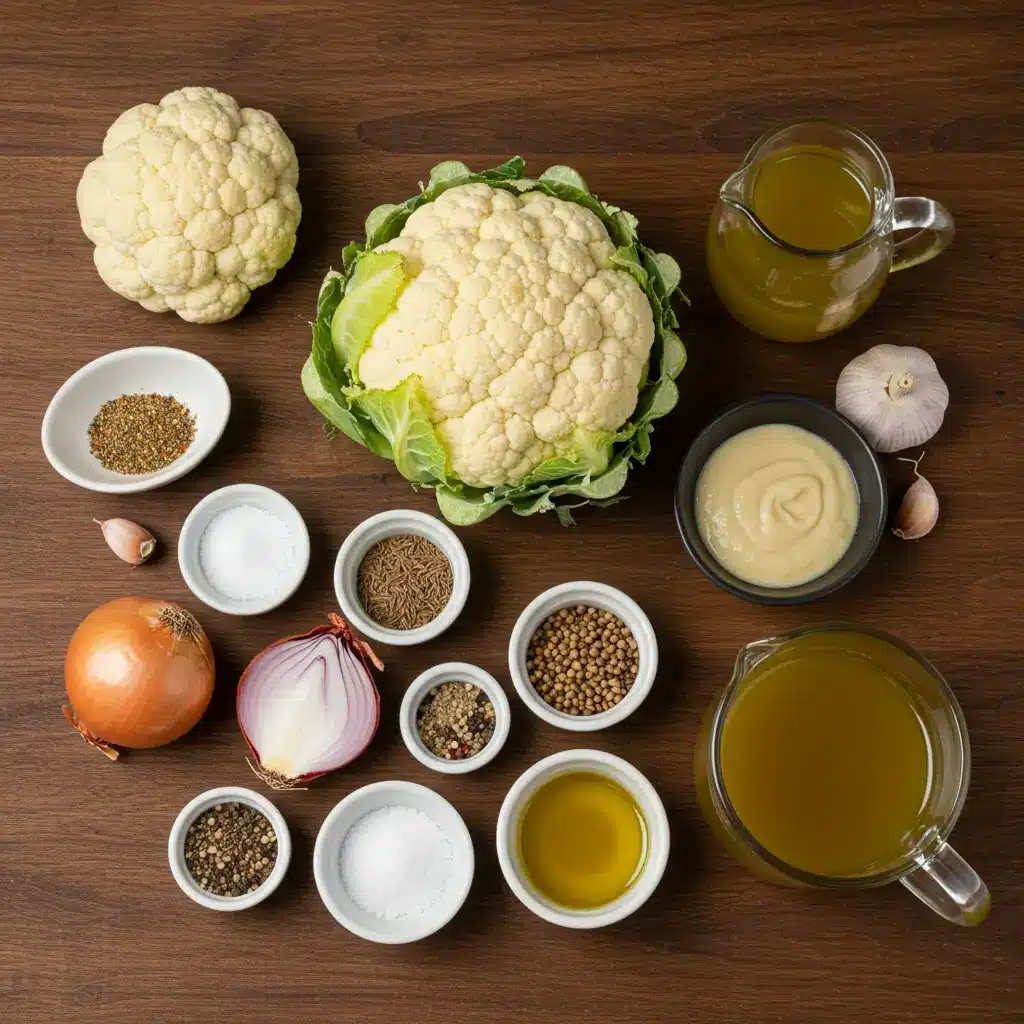 Ingredients for roasted cauliflower soup on table