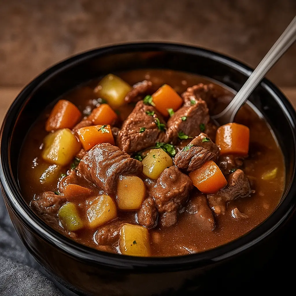 Savory Beef Stew Crock Pot served hot in rustic bowl