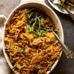 Smothered Chicken and Rice in a casserole dish