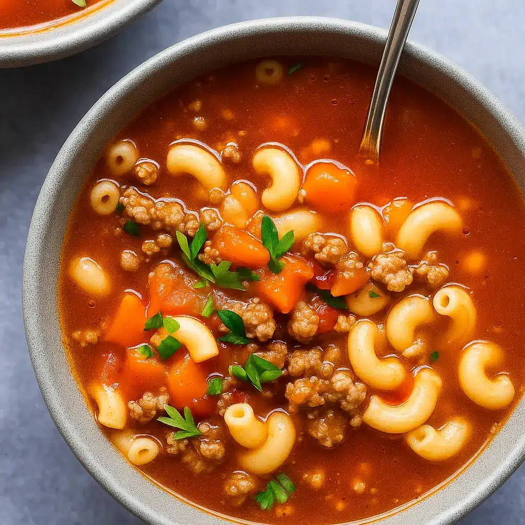 Tasty Hamburger Soup with Macaroni in a cozy bowl
