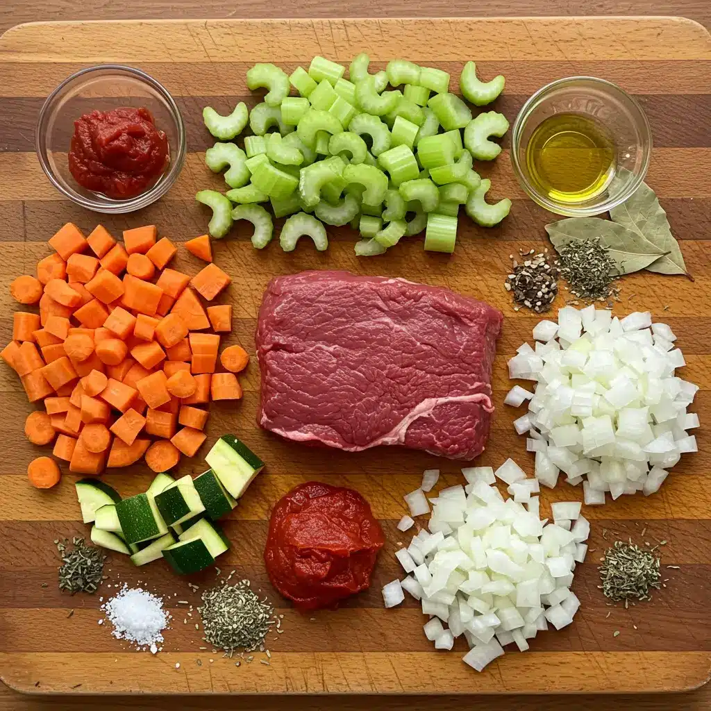 vegetable beef soup ingredients laid out
