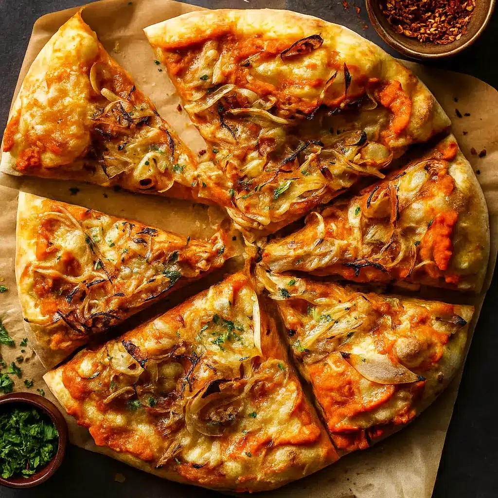 5 Ingredient Pumpkin and Gouda Pizza on rustic table