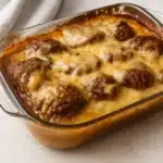 Amish Hamburger Steak Bake recipe baked in creamy mushroom sauce