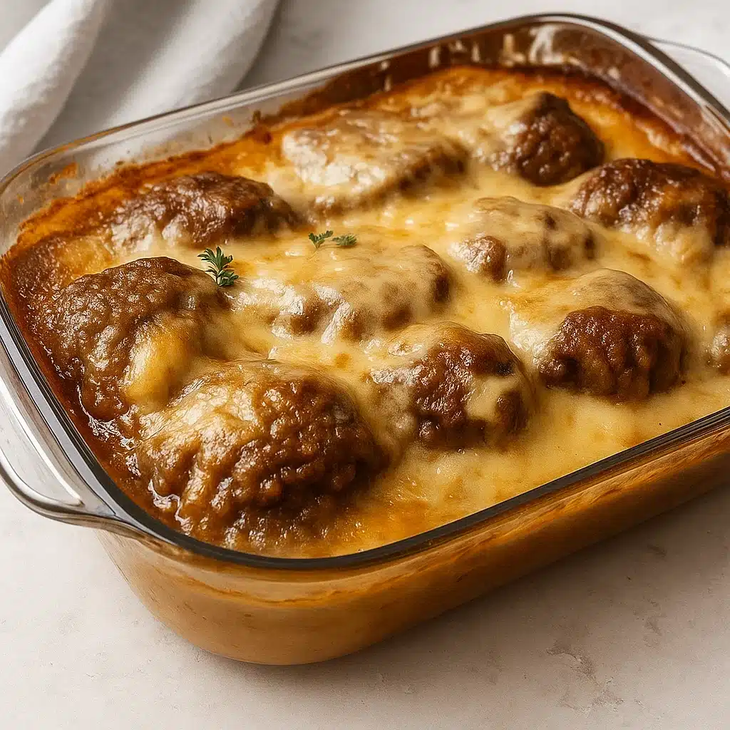 Amish Hamburger Steak Bake recipe baked in creamy mushroom sauce