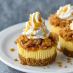 Apple Crisp Mini Cheesecakes with caramel drizzle