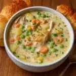 best chicken pot pie soup in a cozy bowl