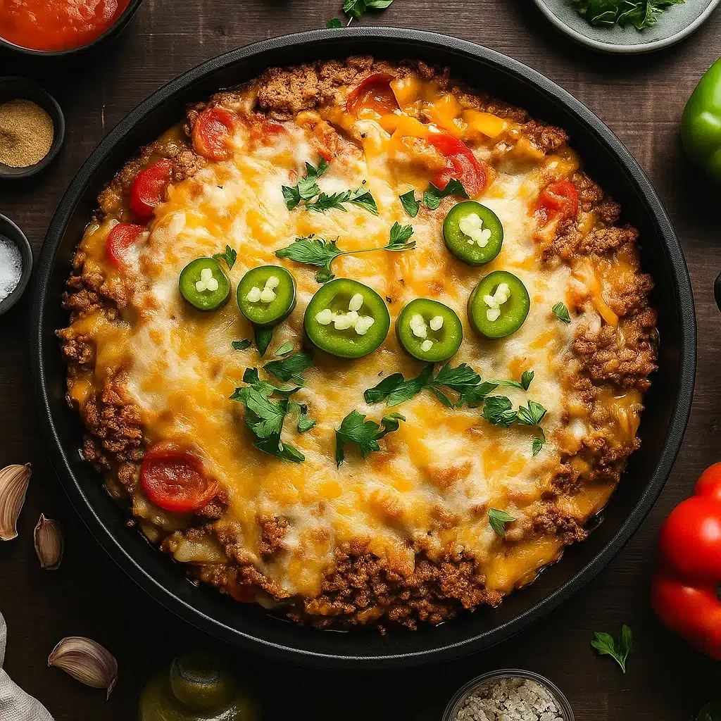 Big Mac Casserole with melted cheese and lettuce topping