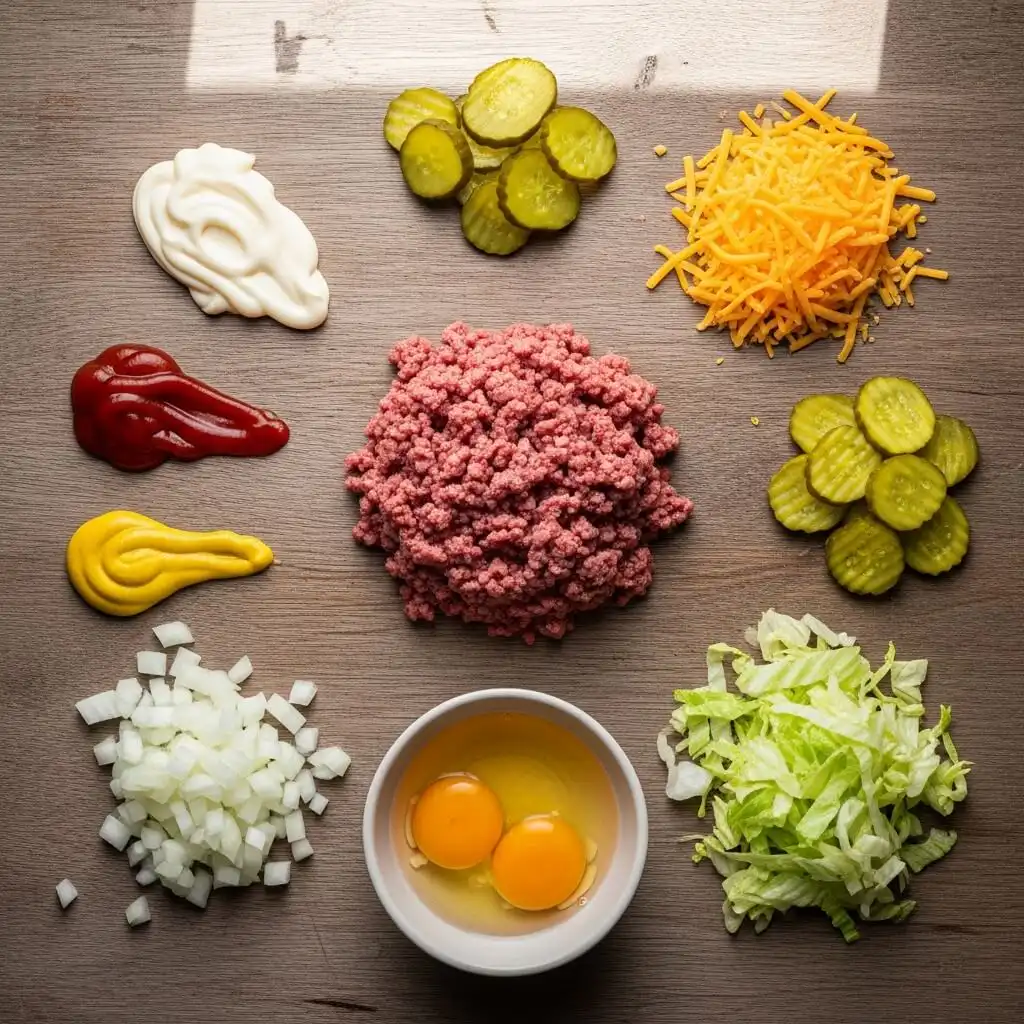 Big Mac Casserole ingredients displayed flat lay