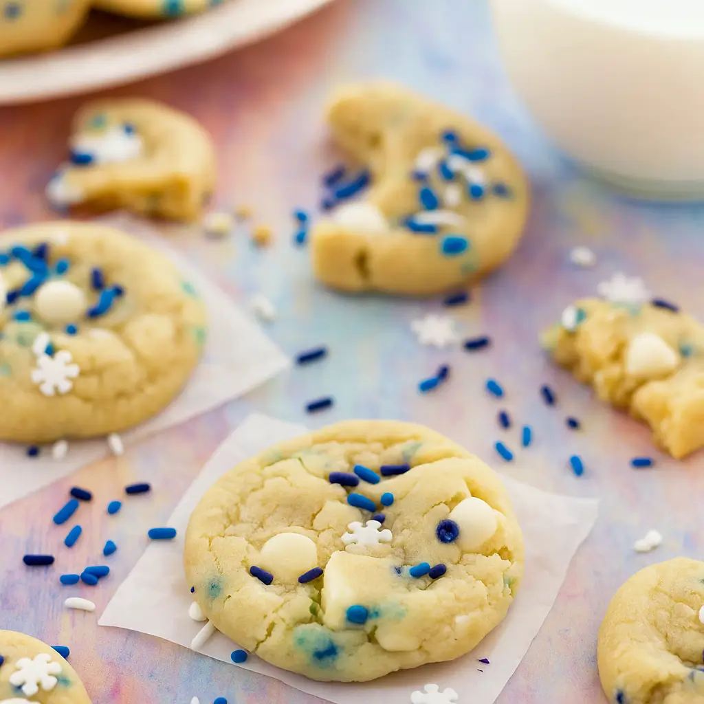 Blizzard Cookies with sprinkles and white chocolate on a plate