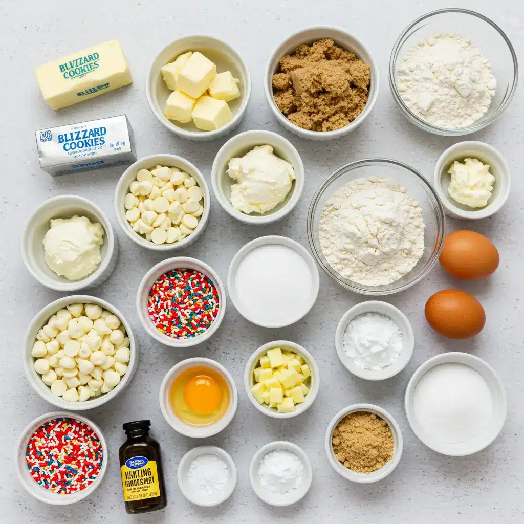 Ingredients for Blizzard Cookies laid out on a kitchen counter