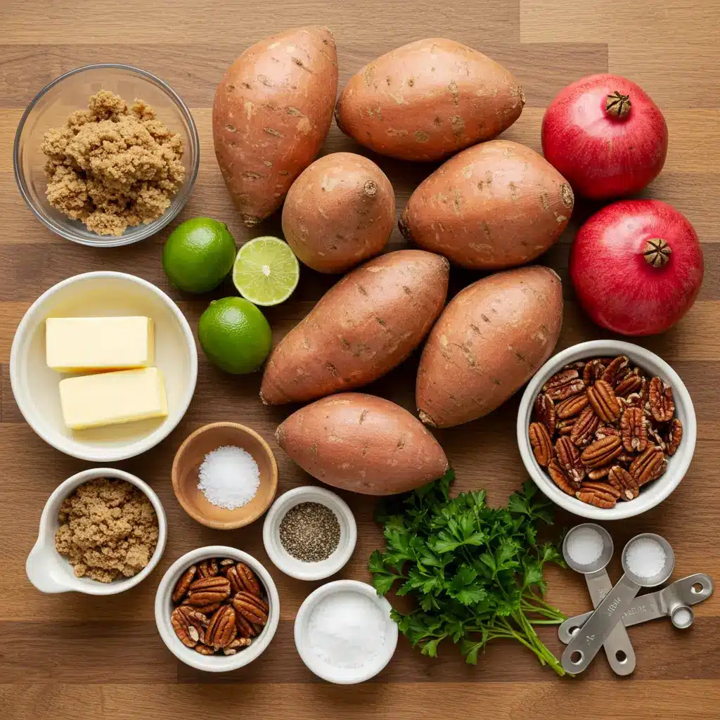 Ingredients for Bobby Flay Sweet Potato Recipe on rustic counter