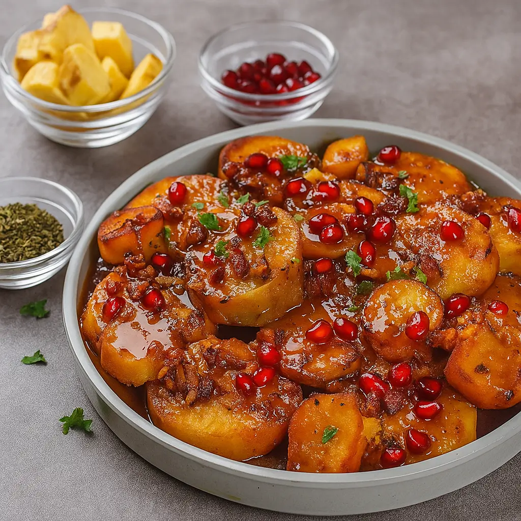 Bobby Flay Sweet Potato Recipe with glaze, pecans, and pomegranate