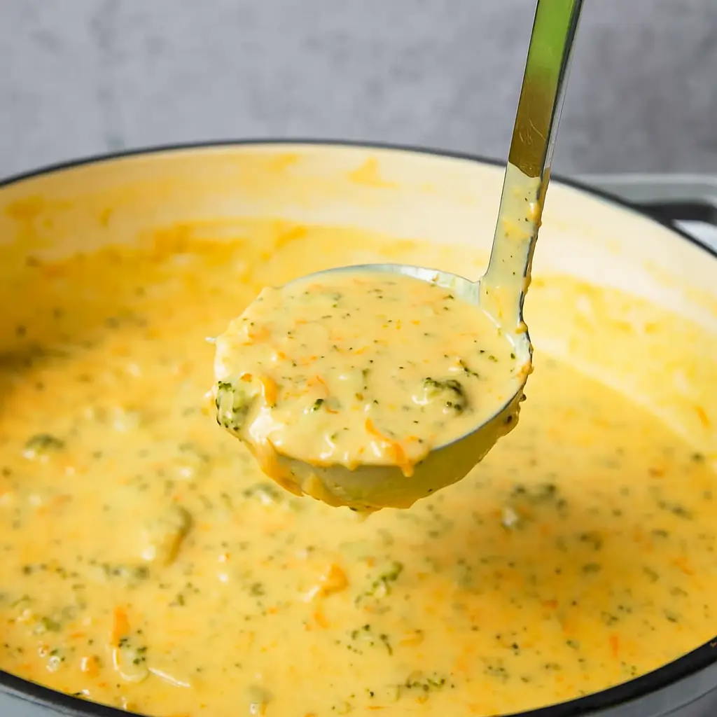 Broccoli Cheddar Soup in a bowl with cheese and broccoli