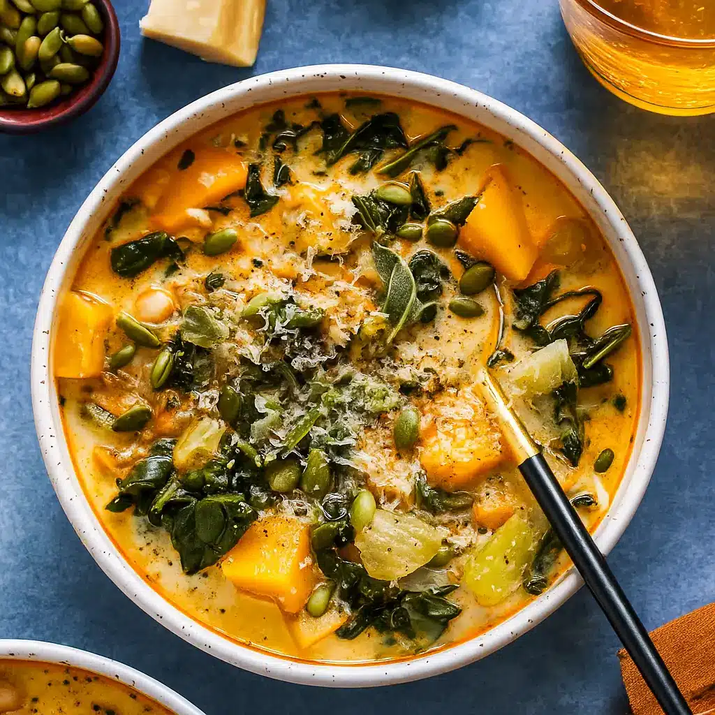 : Butternut Squash, Kale and White Bean Soup in a rustic bowl