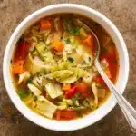 Cabbage Soup in Bowl with Fresh Vegetables