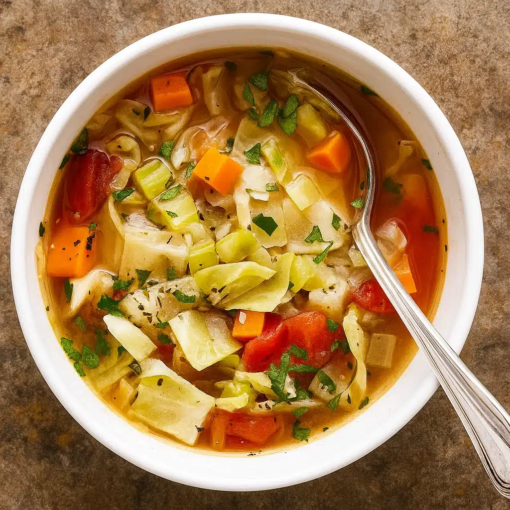 Cabbage Soup in Bowl with Fresh Vegetables