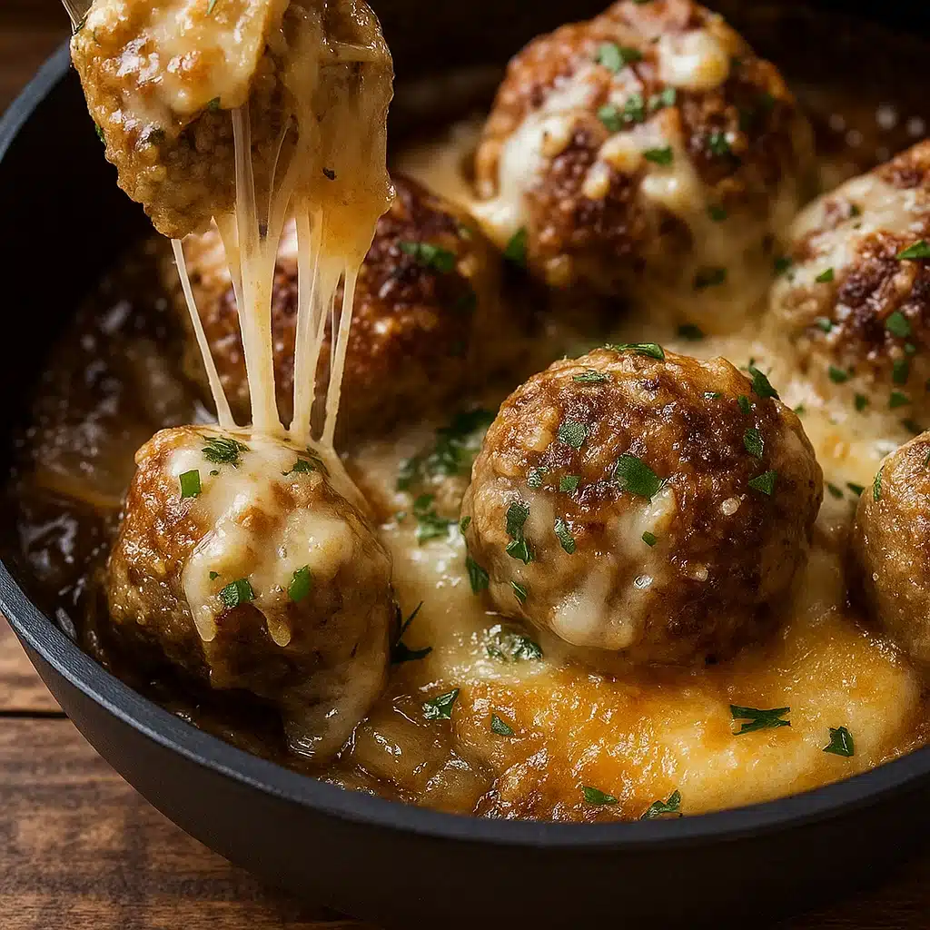 Cheesy French Onion Meatballs bubbling with Gruyère cheese
