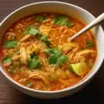 Chicken and Vermicelli Soup With Lime in a rustic bowl