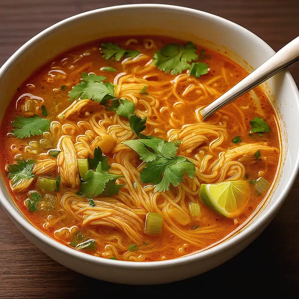 Chicken and Vermicelli Soup With Lime in a rustic bowl