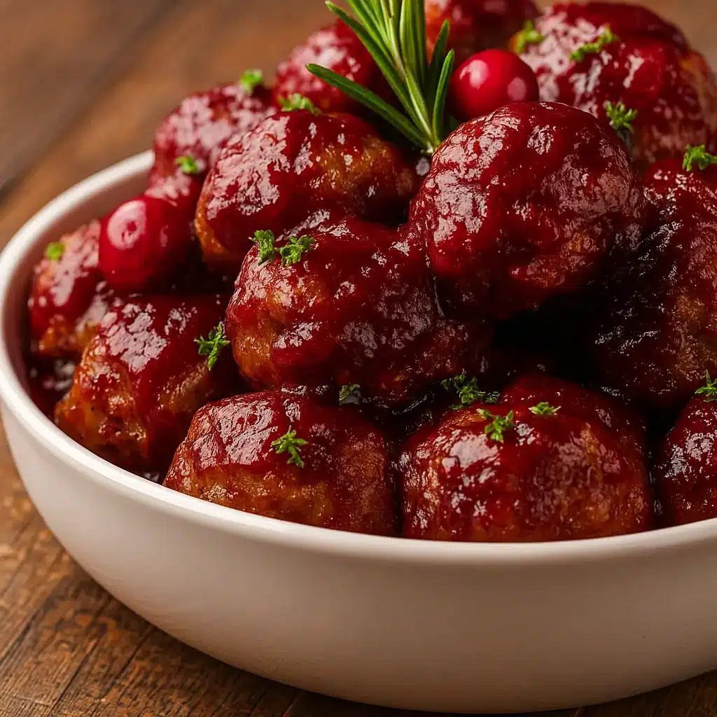 Christmas Cranberry Meatballs on festive holiday table