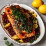 Christmas Salmon with Pomegranate Glaze on Holiday Table