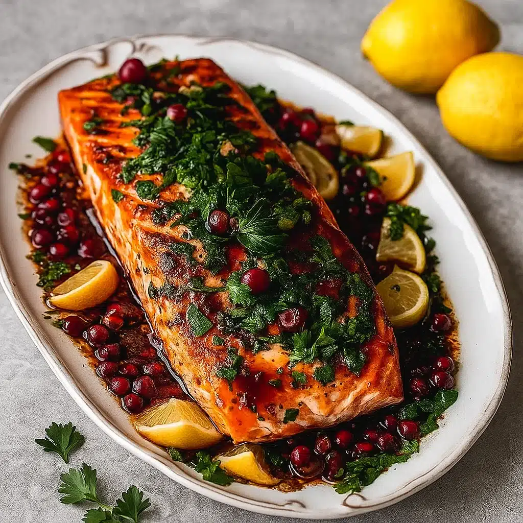 Christmas Salmon with Pomegranate Glaze on Holiday Table