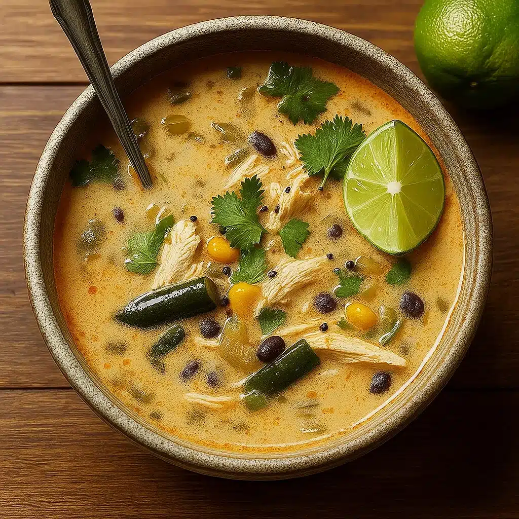 Creamy Chicken Poblano Soup with cilantro and lime