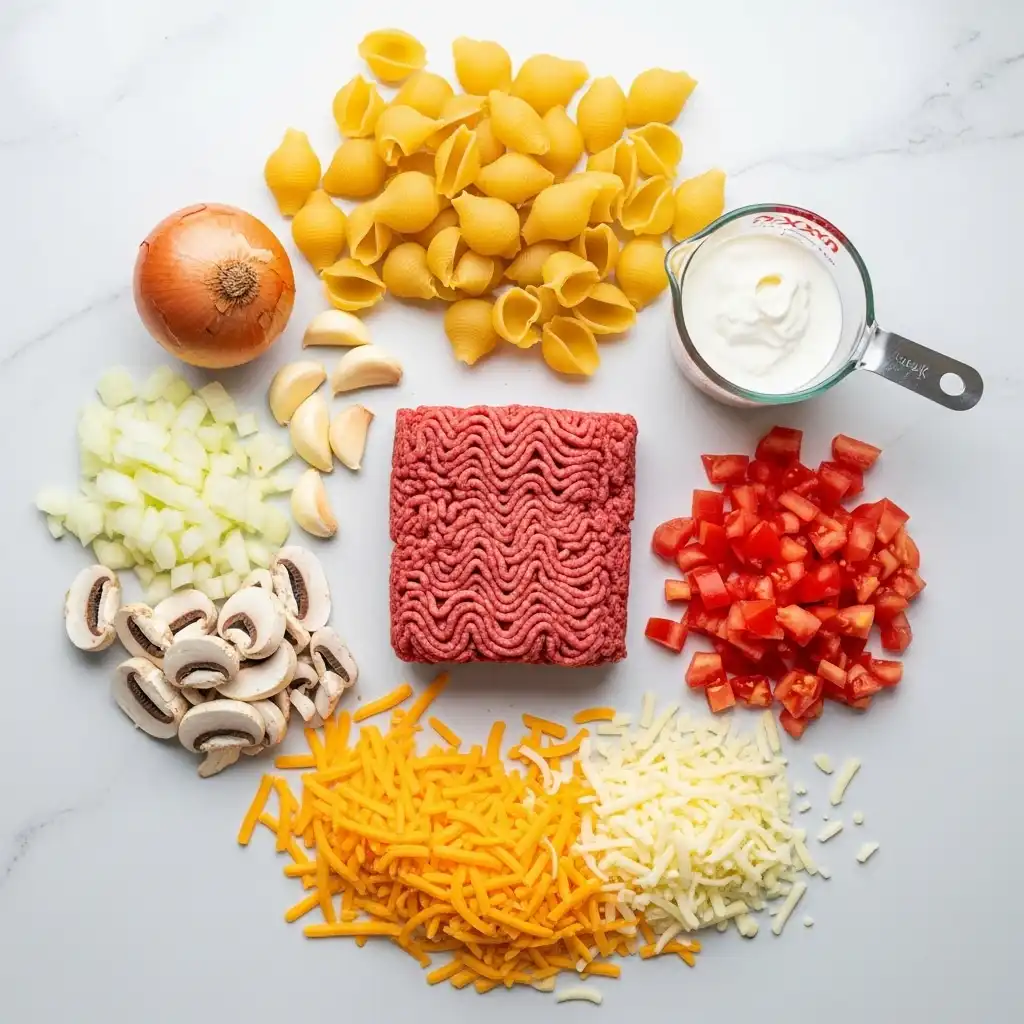 creamy rotel pasta with ground beef ingredients