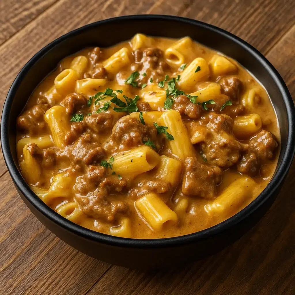 Creamy Slow Cooker Beef Pasta in rustic bowl