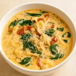 Creamy Tuscan Chicken Soup in rustic bowl