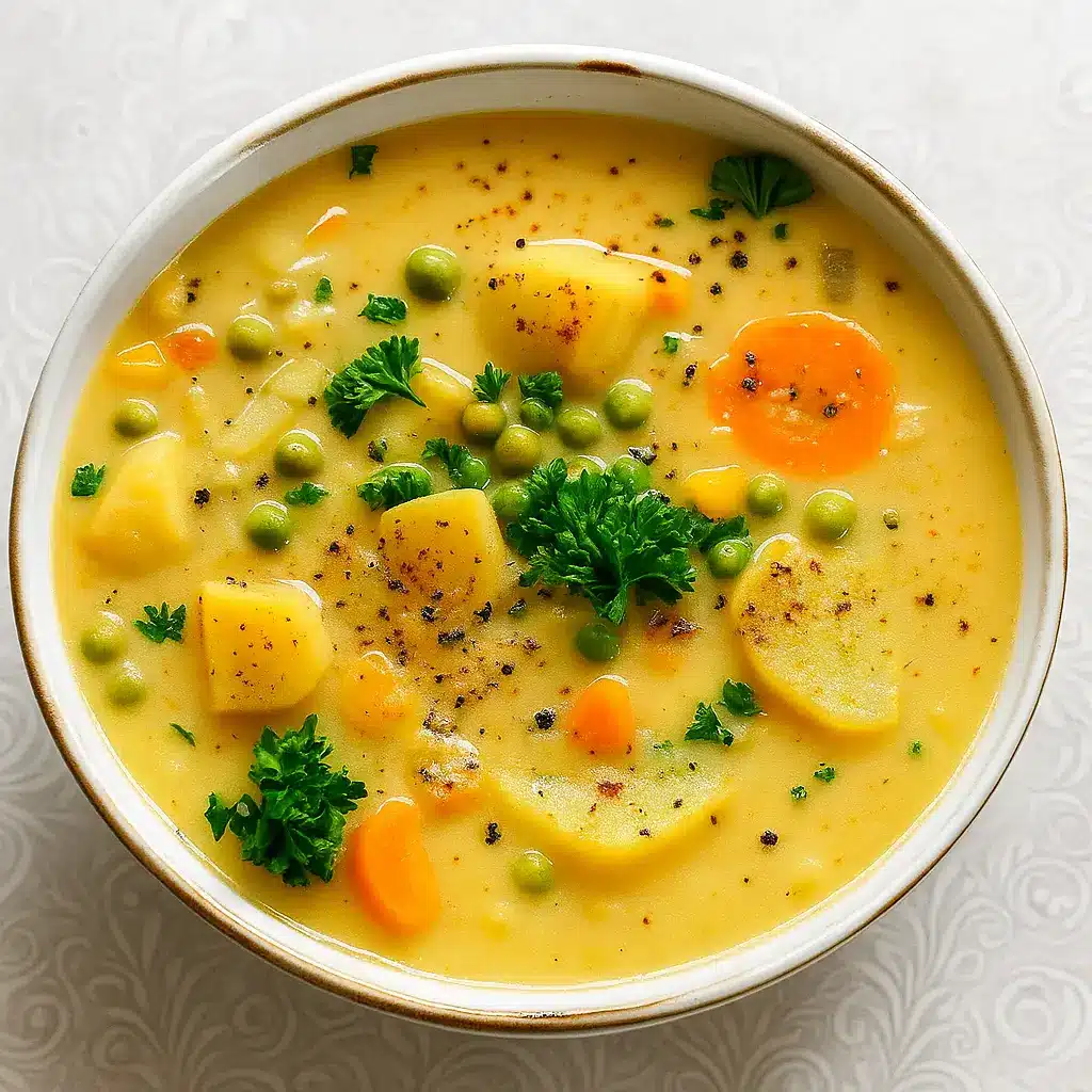 Creamy vegan potato soup served hot in a bowl
