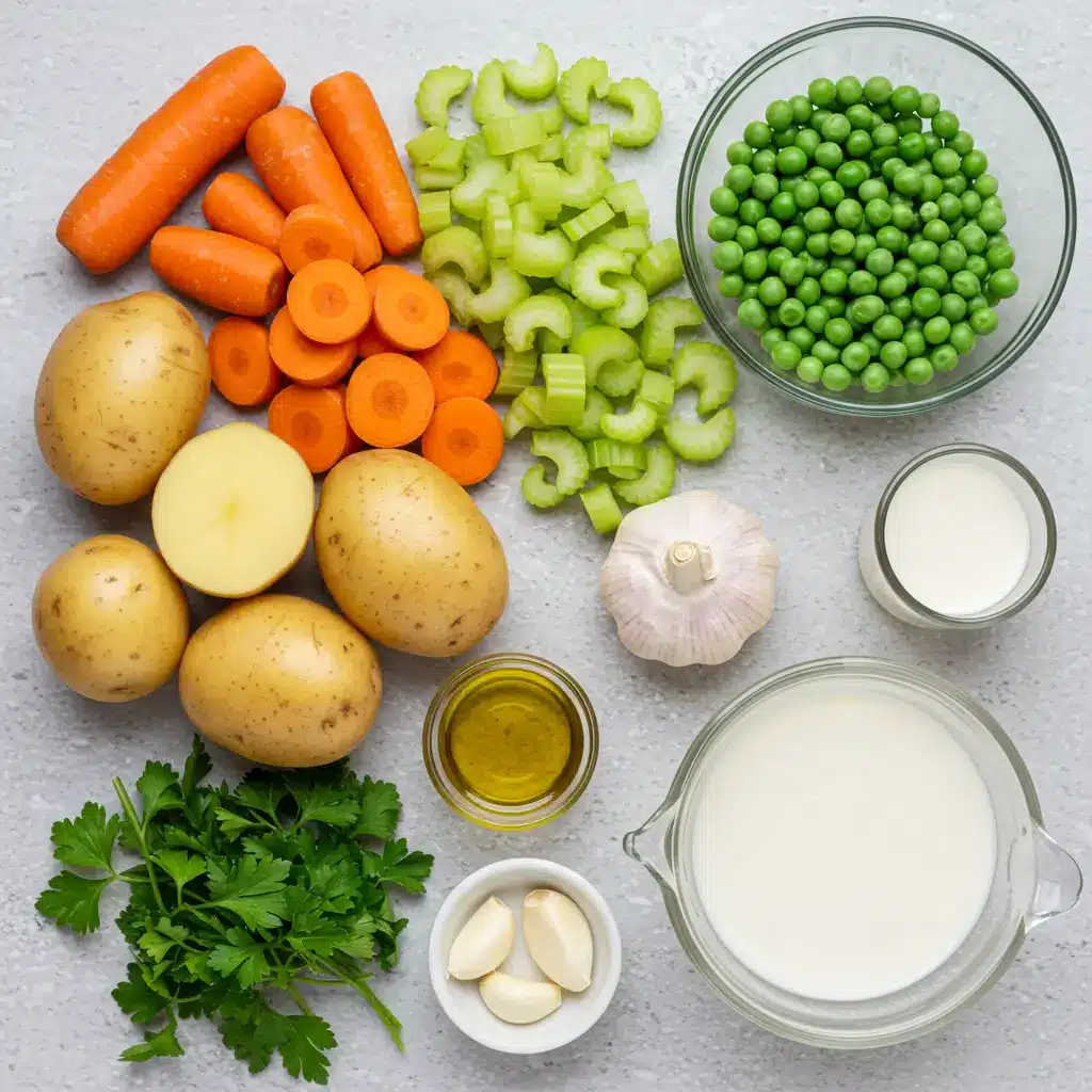 Ingredients for creamy vegan potato soup on a kitchen counter