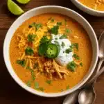 Creamy White Chicken Chili Recipe in bowl with toppings