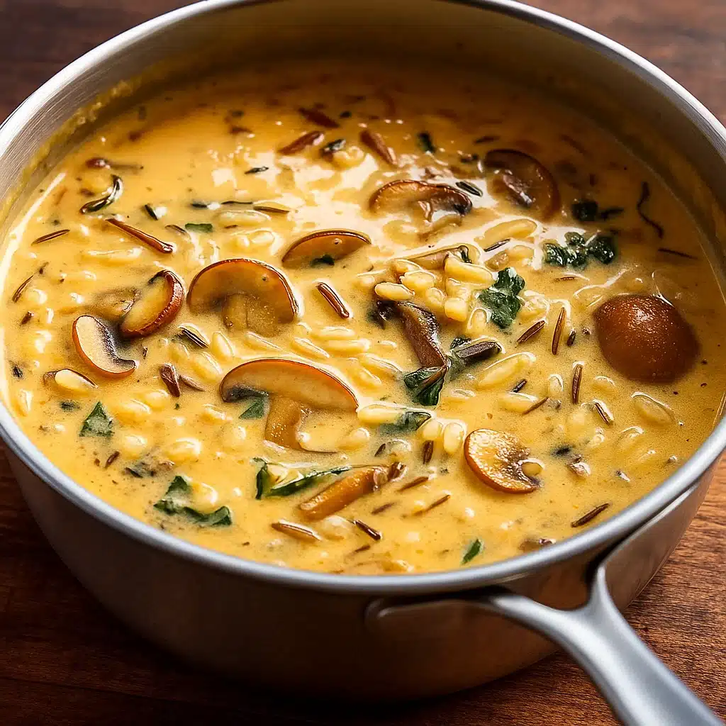Creamy Wild Rice and Mushroom Soup in rustic bowl