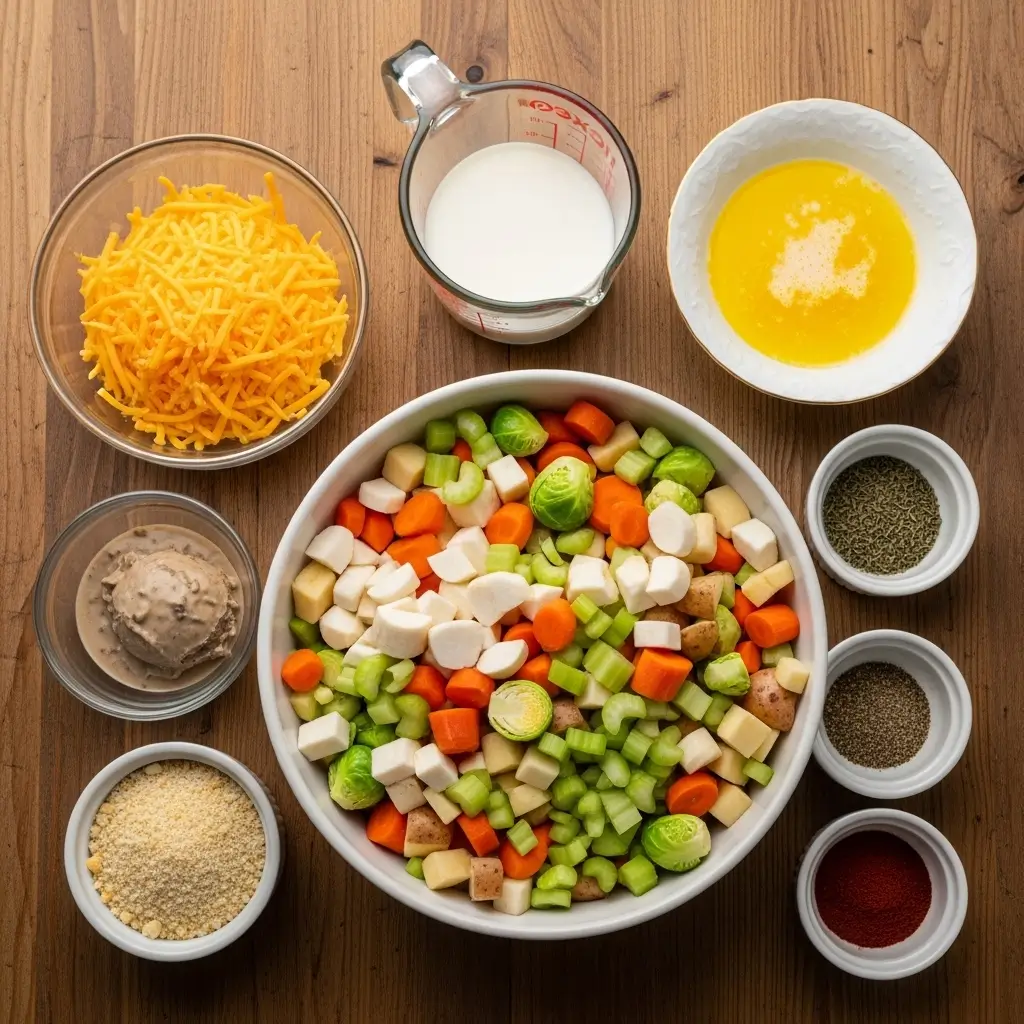 Ingredients for creamy winter vegetable casserole