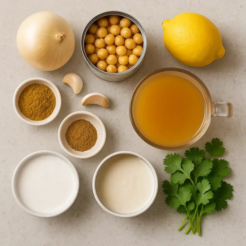 Ingredients for Curried Chickpea Soup on counter
