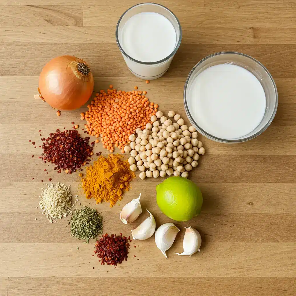 curry lentil soup ingredients flat lay