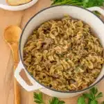 Easy Ground Beef Stroganoff with creamy sauce and egg noodles