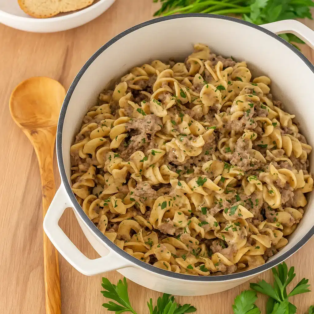 Easy Ground Beef Stroganoff with creamy sauce and egg noodles