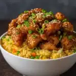 Easy slow cooker orange chicken in bowl with garnish