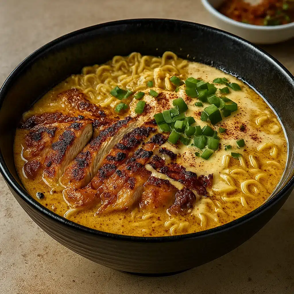 Fiery Chicken Ramen with creamy garlic sauce