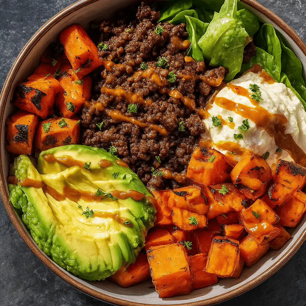 Ground Beef Hot Honey Bowl with avocado, beef, and hot honey