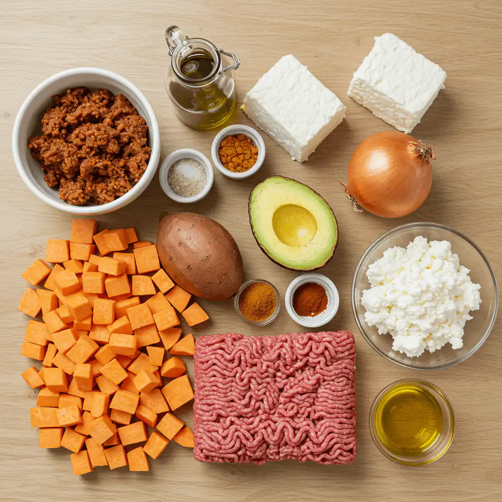 Ingredients for Ground Beef Hot Honey Bowl on a wooden board