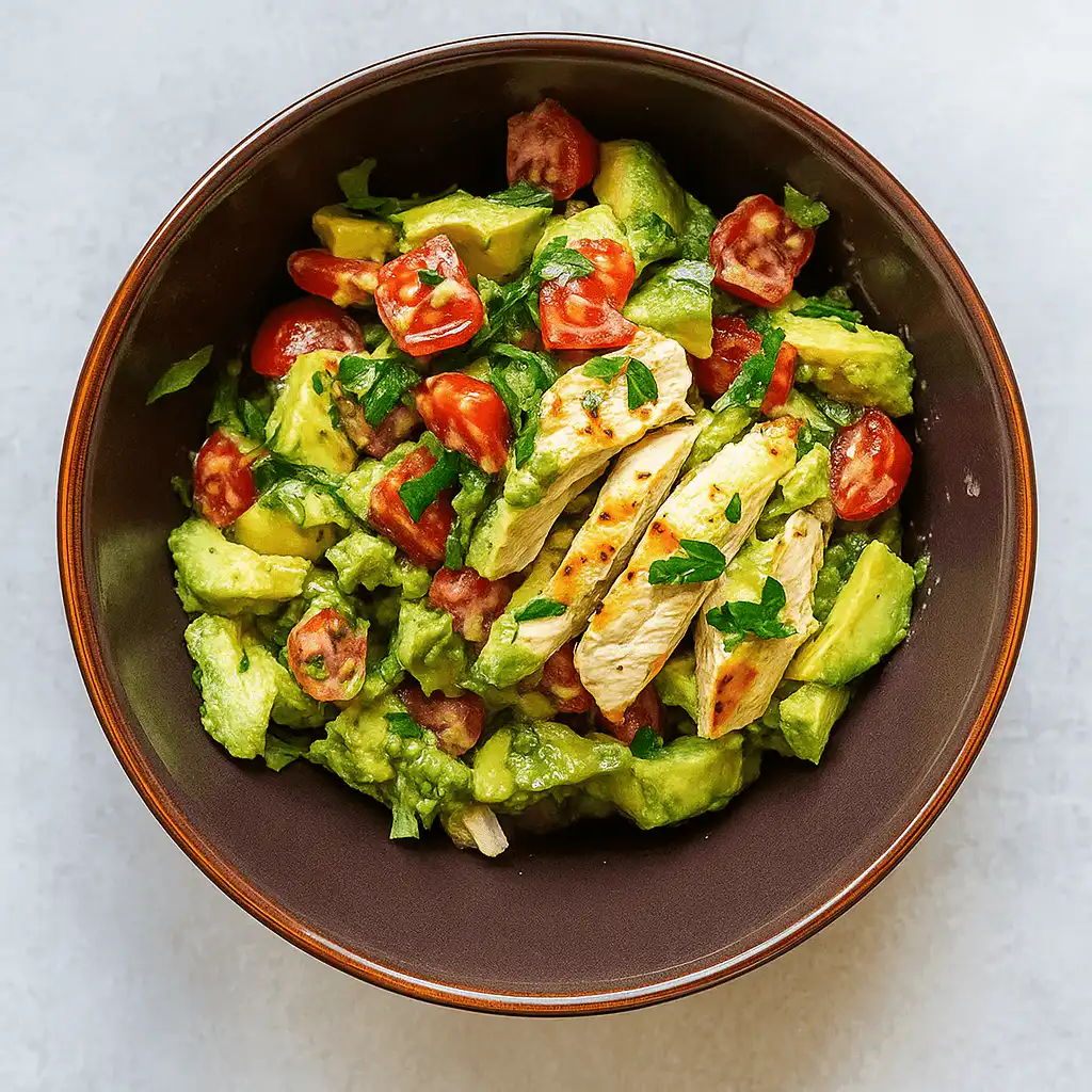 Healthy Avocado Chicken Salad in a bowl with fresh ingredients
