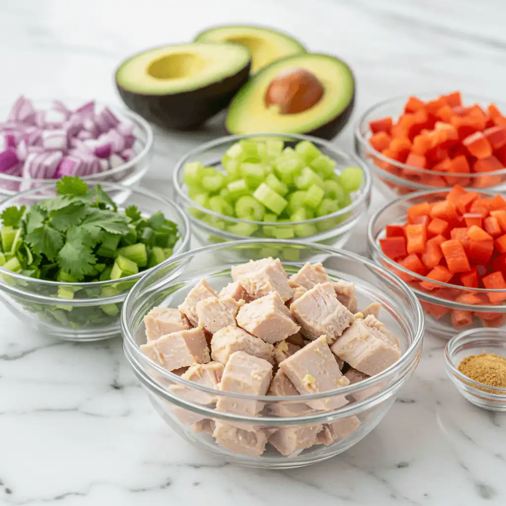 Ingredients for Healthy Avocado Chicken Salad on marble surface