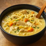 Hearty Creamy Chicken Noodle Soup in rustic bowl