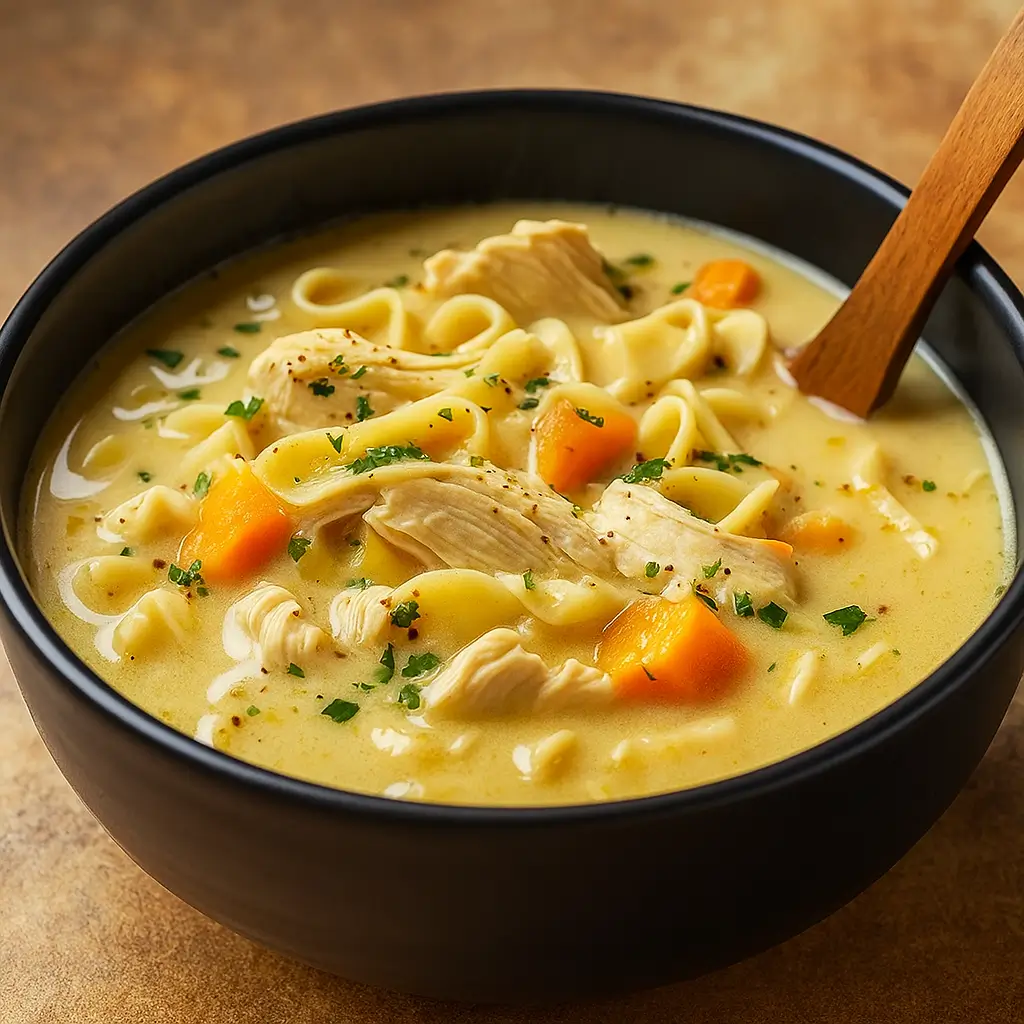 Hearty Creamy Chicken Noodle Soup in rustic bowl