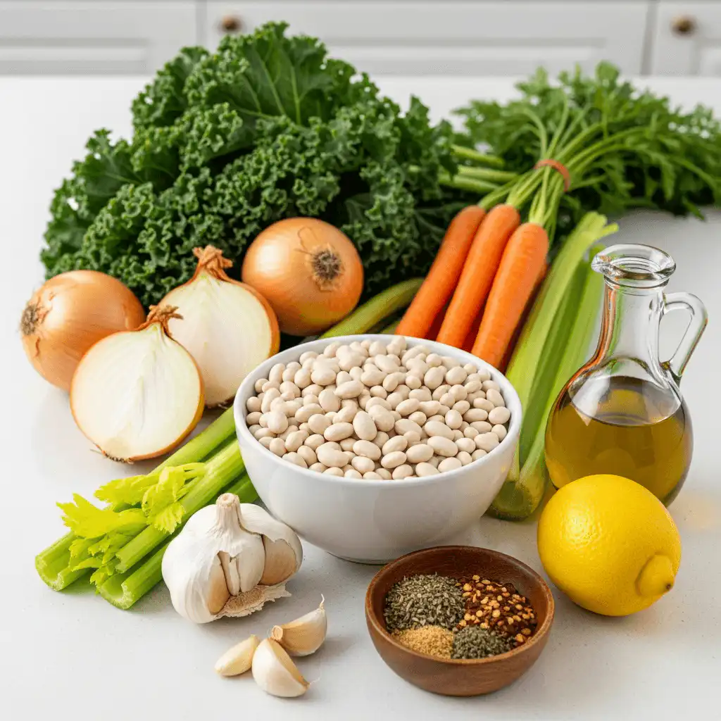 High Protein White Bean Soup ingredients on kitchen counter