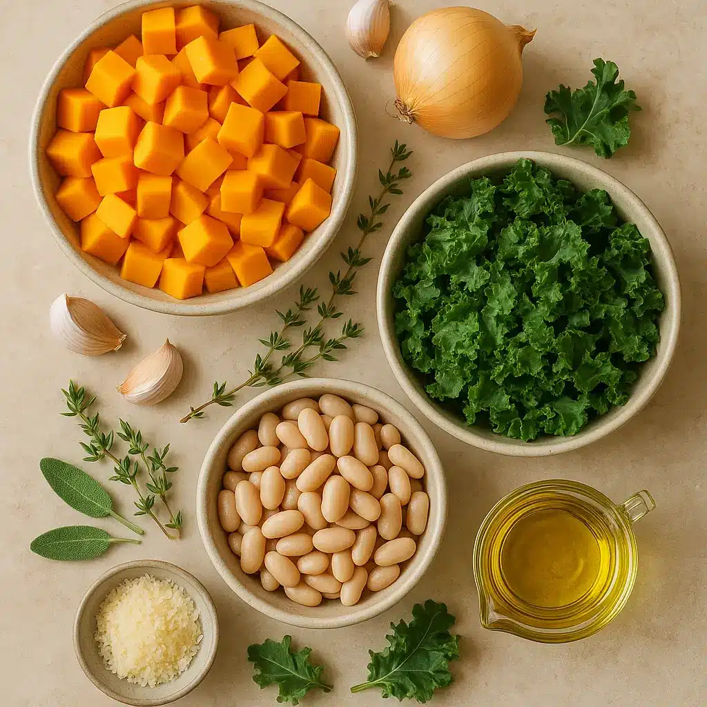 Ingredients for butternut squash, kale and white bean soup